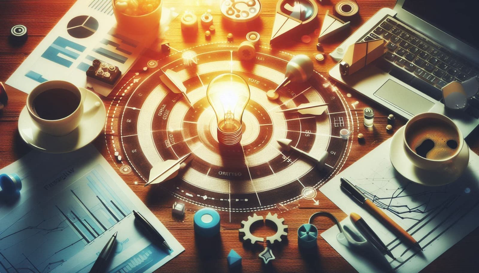 Strategy Desk with lightbulb and blueprints